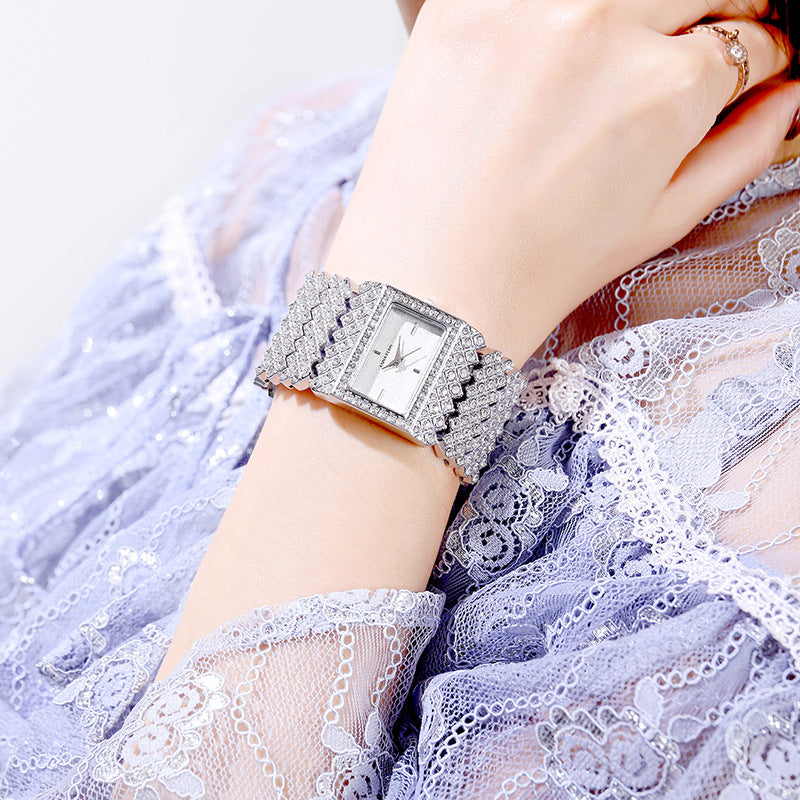 Full Diamond Ladies Watch | Full Diamond Square Ladies Quartz Waterproof Women Watch Cross-border