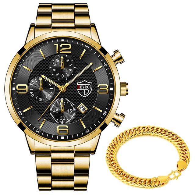 Luxury Men Gold Bracelet Business Watches Stainless Steel Quartz Watch