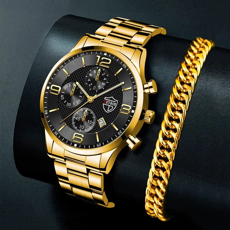 Luxury Men Gold Bracelet Business Watches Stainless Steel Quartz Watch